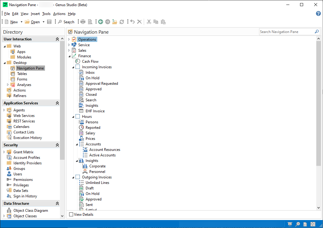 Genus Studio showing how to define the navigation pane. 