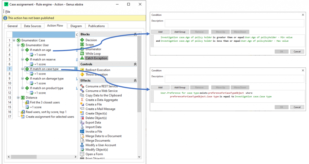 The rule engine process implemented in a Genus Action to automate case assignment.